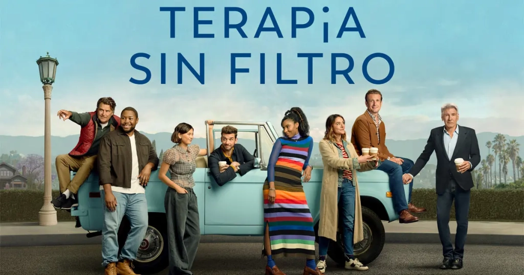 Reparto de Terapia sin filtro junto a un coche, serie de comedia y terapia emocional sobre relaciones y crecimiento personal