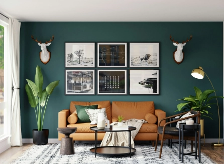 Decorar sala moderna funcional: sofá, plantas y cuadros en pared, diseñada para un estilo de vida práctico y ordenado.