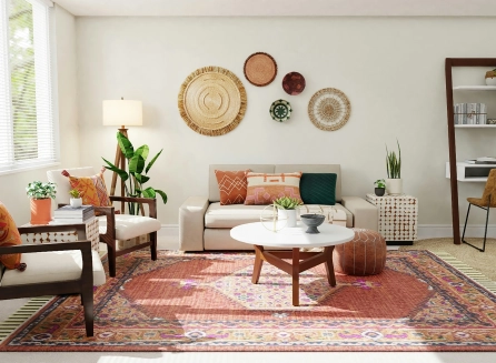 Sala acogedora con tapete grande, cojines y decoración cálida que transforma un departamento rentado en un espacio personal.