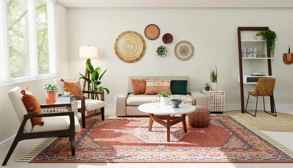 Sala acogedora con tapete grande, cojines y decoración cálida que transforma un departamento rentado en un espacio personal.